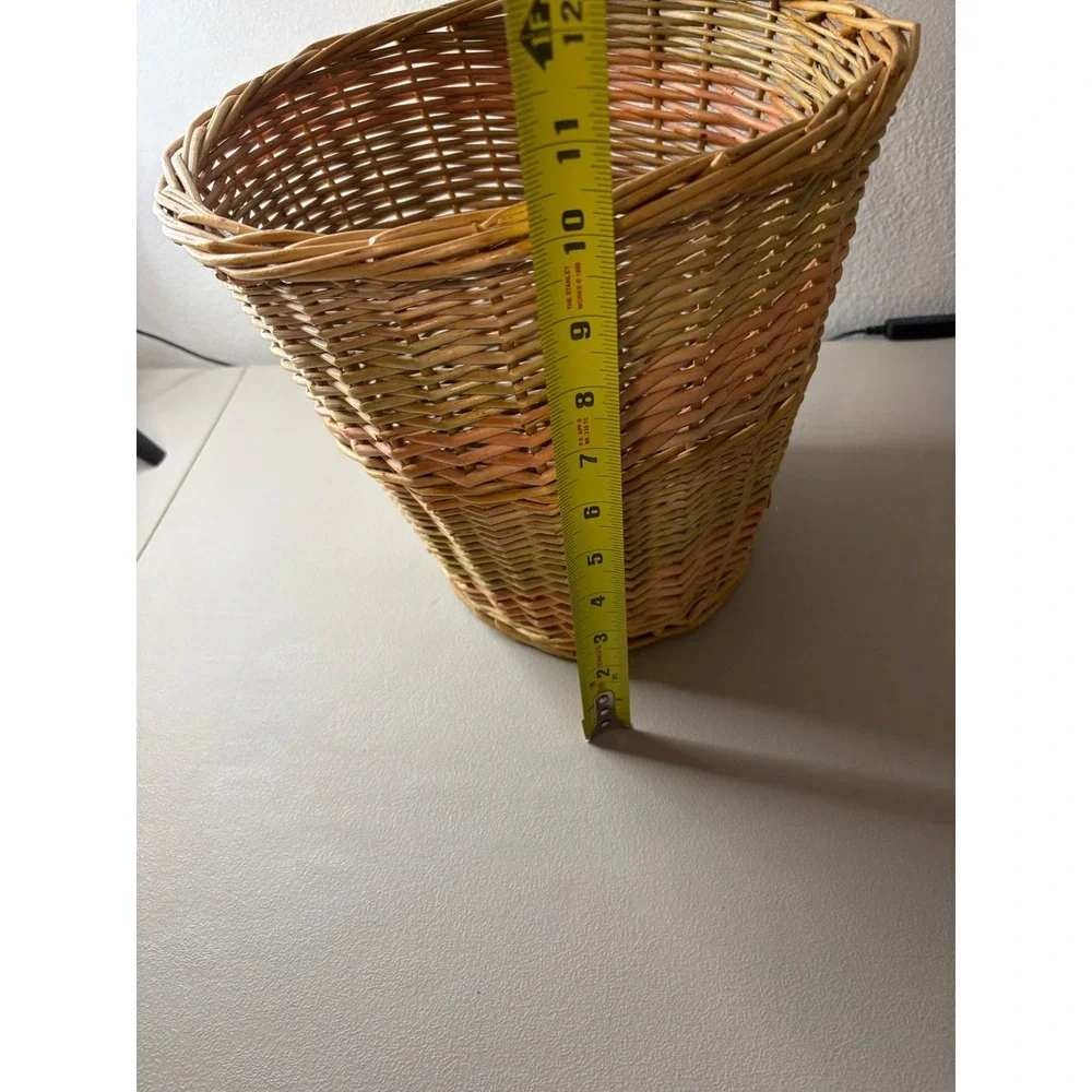 VTG Woven Wicker Basket Tapered Boho Wastebasket Pink Green Tan 11x11 Boho
